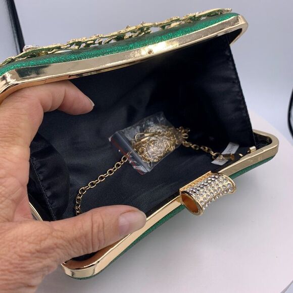 Purse/clutch/bag, deep emerald green, gold metal with crystals, hand or shoulder - Picture 5 of 16